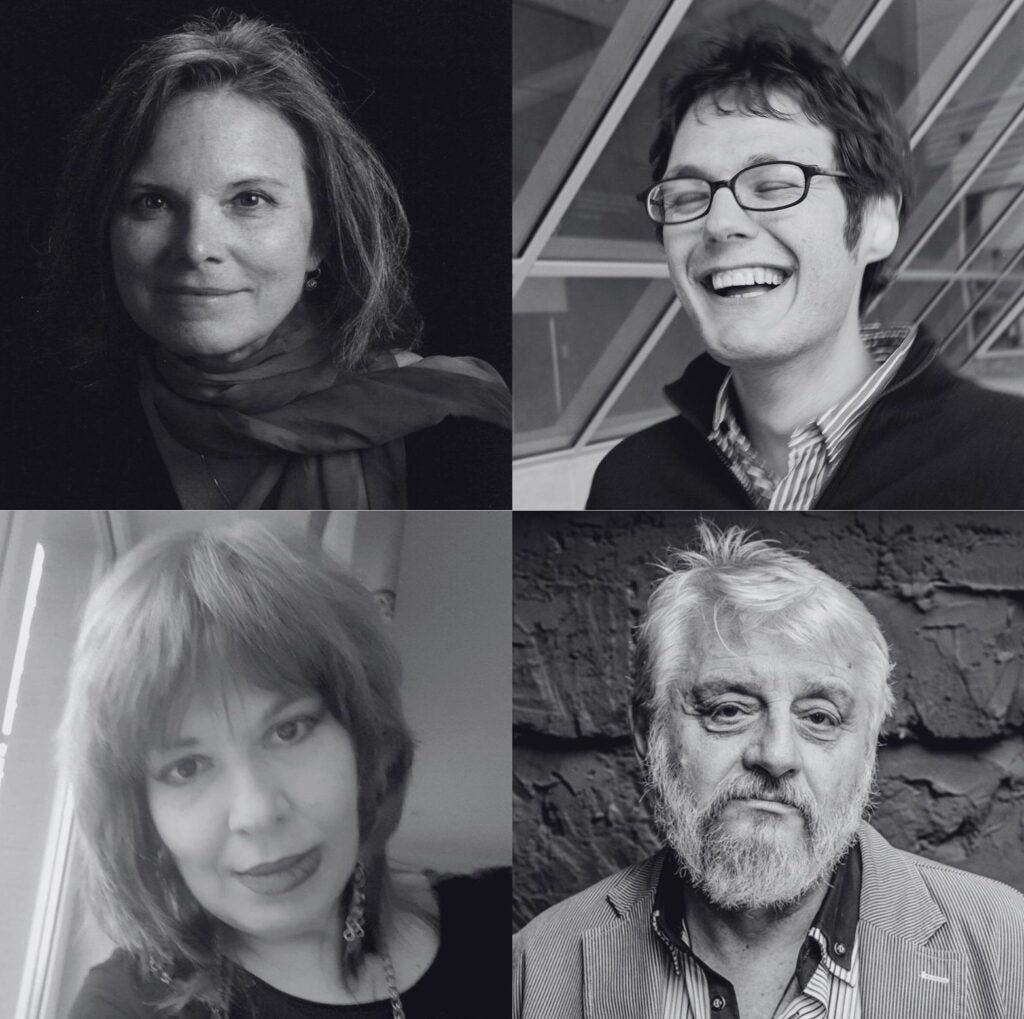 Top Left: Carolyn Forché headshot. Top Right: Ilya Kaminsky headshot. Lower Left: Lyudmyla Khersonska. Lower Right: Boris Kershonsky.