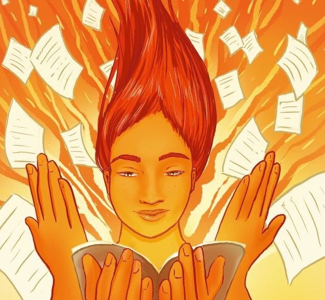 "Reading Addict" by Brittany Castle (a woman with flaming red hair opens a book and pages fly behind her).
