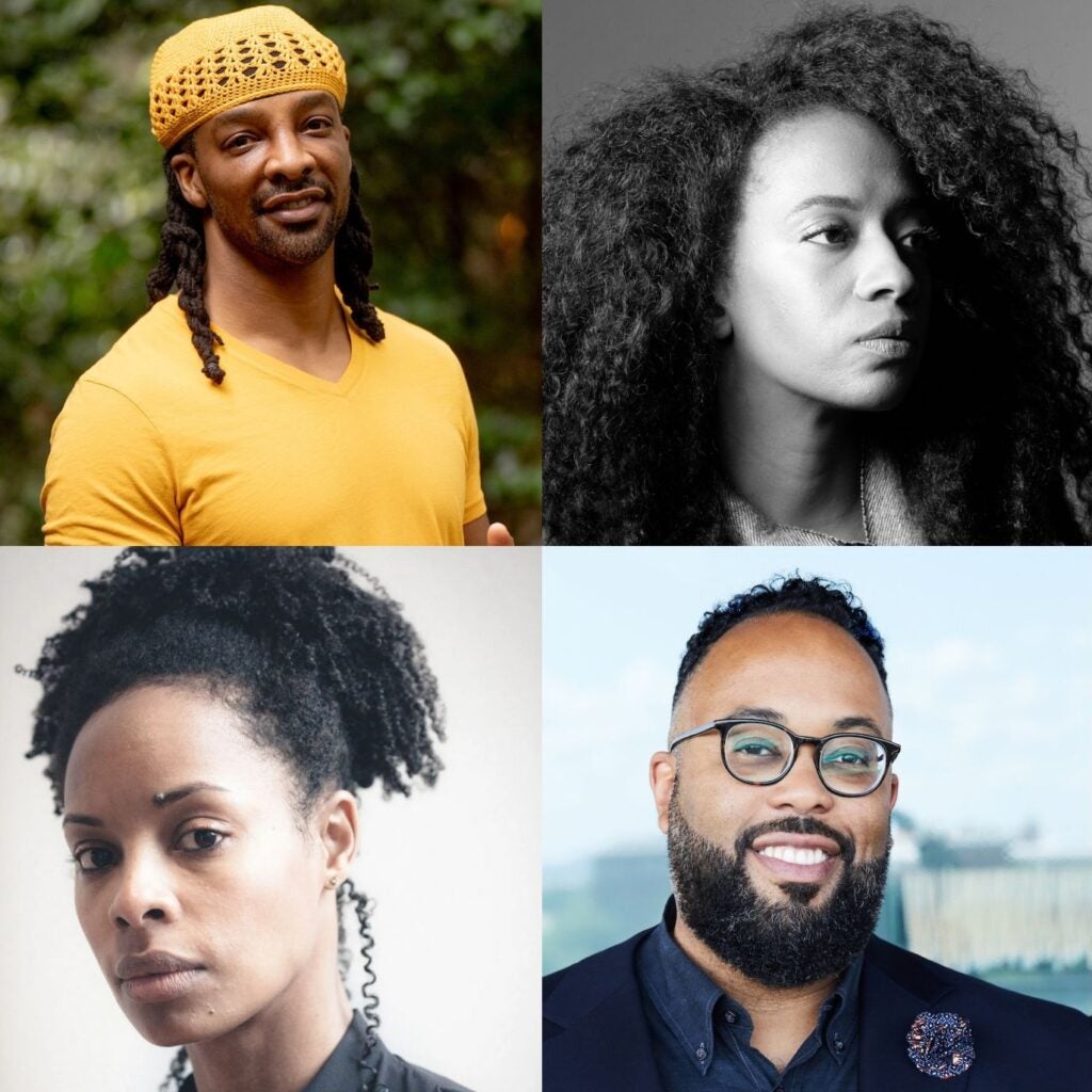 Jericho brown in a yellow tshirt, yellow hat and braids; Rachel Eliza Griffiths in black and white profile with long hair; Nicole Sealey with hair up; Kevin Young with beard and black round glasses and blue suit.