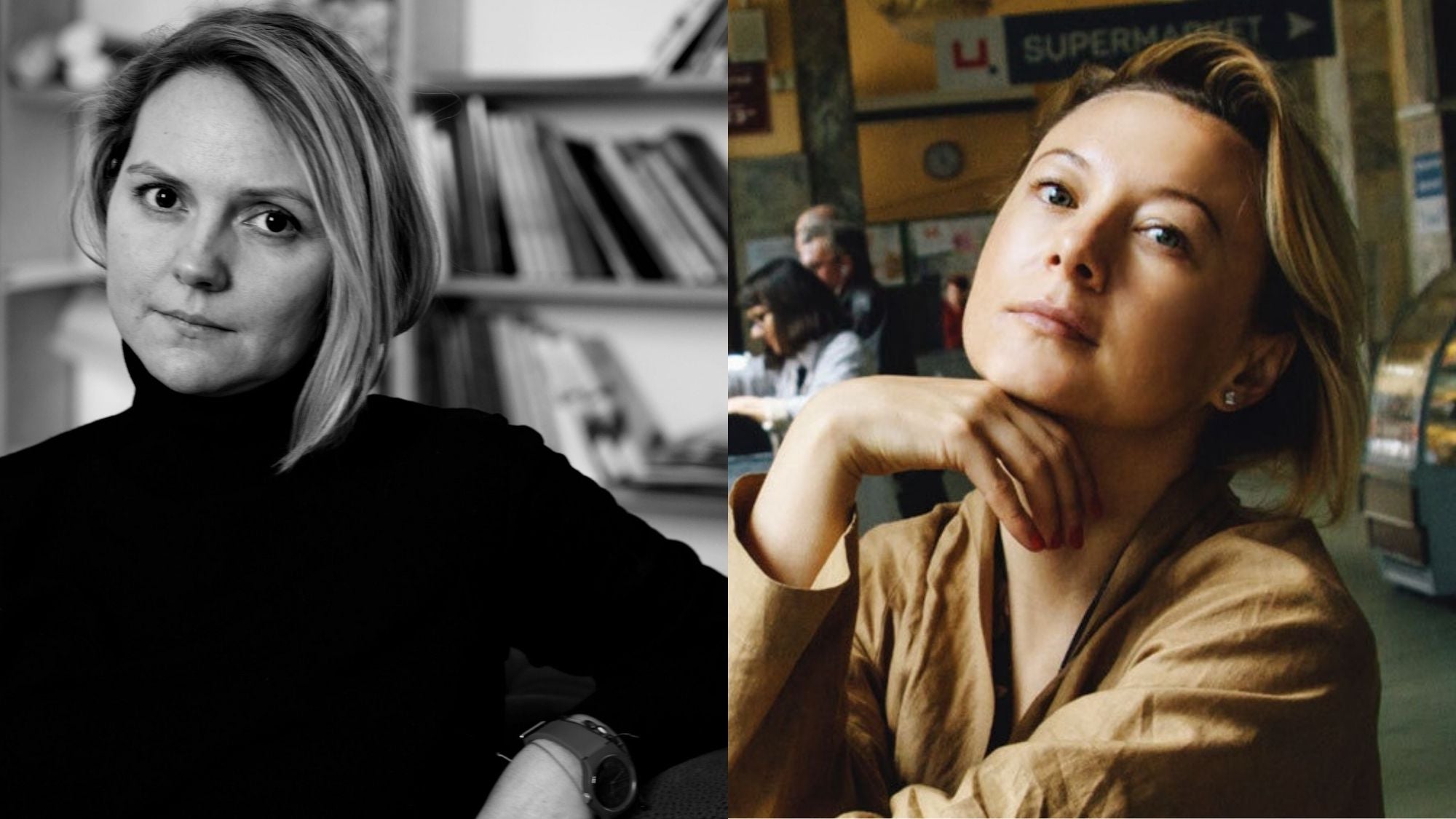 Volha Hapeyeva in black turtleneck with arm reclined and Valzhyna Mort in yellow blouse with hand resting on her chin.