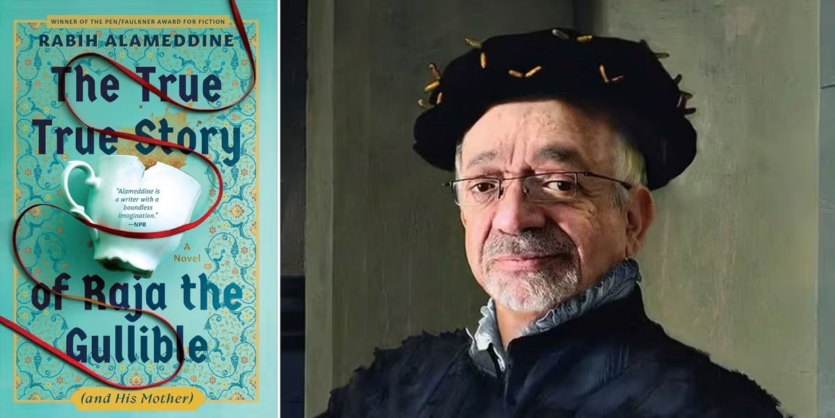 Book cover for The True True Story of Raja the Gullible (and His Mother) has a spilled teacup and a red ribbon across a teal and gold decorative background. Painting of Rabih Alameddine