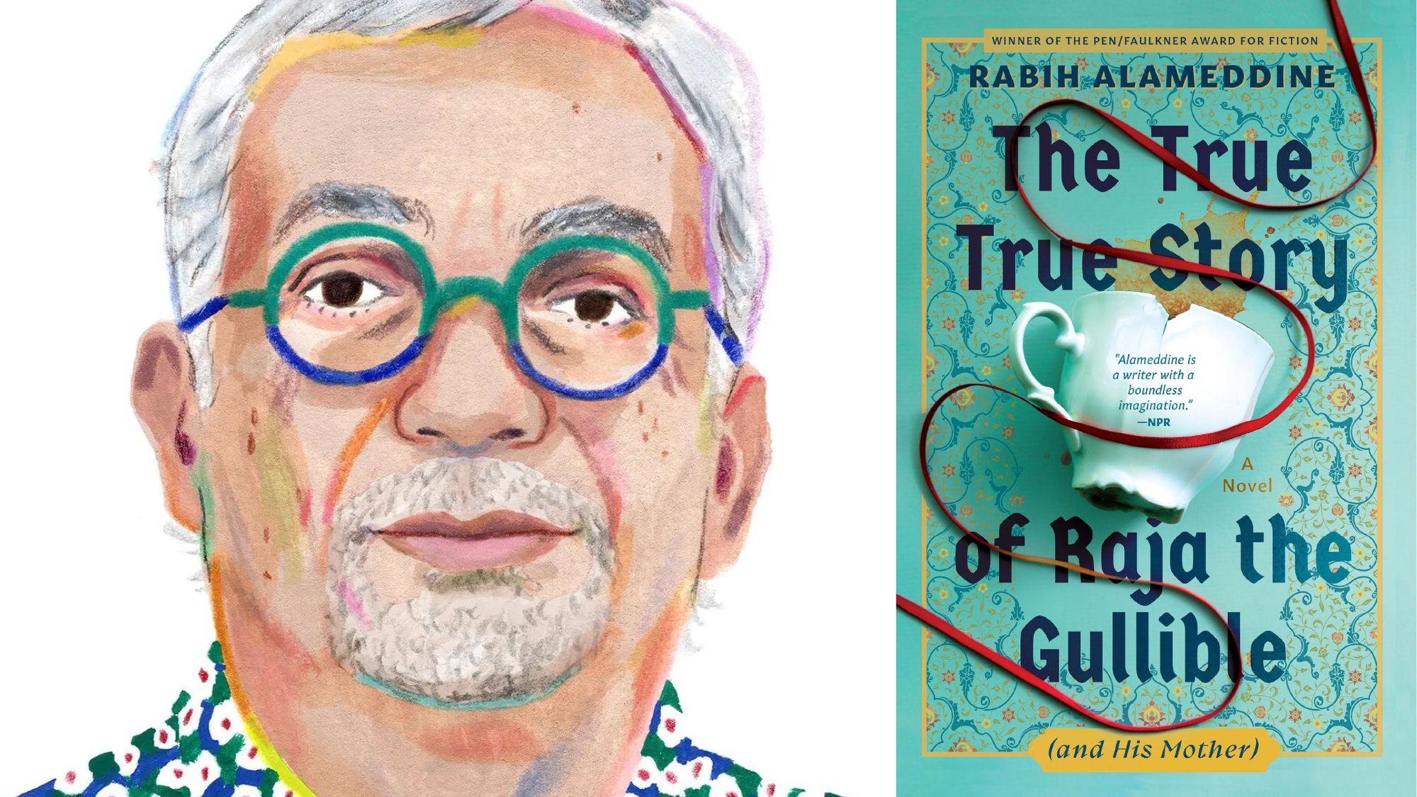 A drawing of Rabih Alameddine and the front cover of his book The True True Story of Raja the Gullible