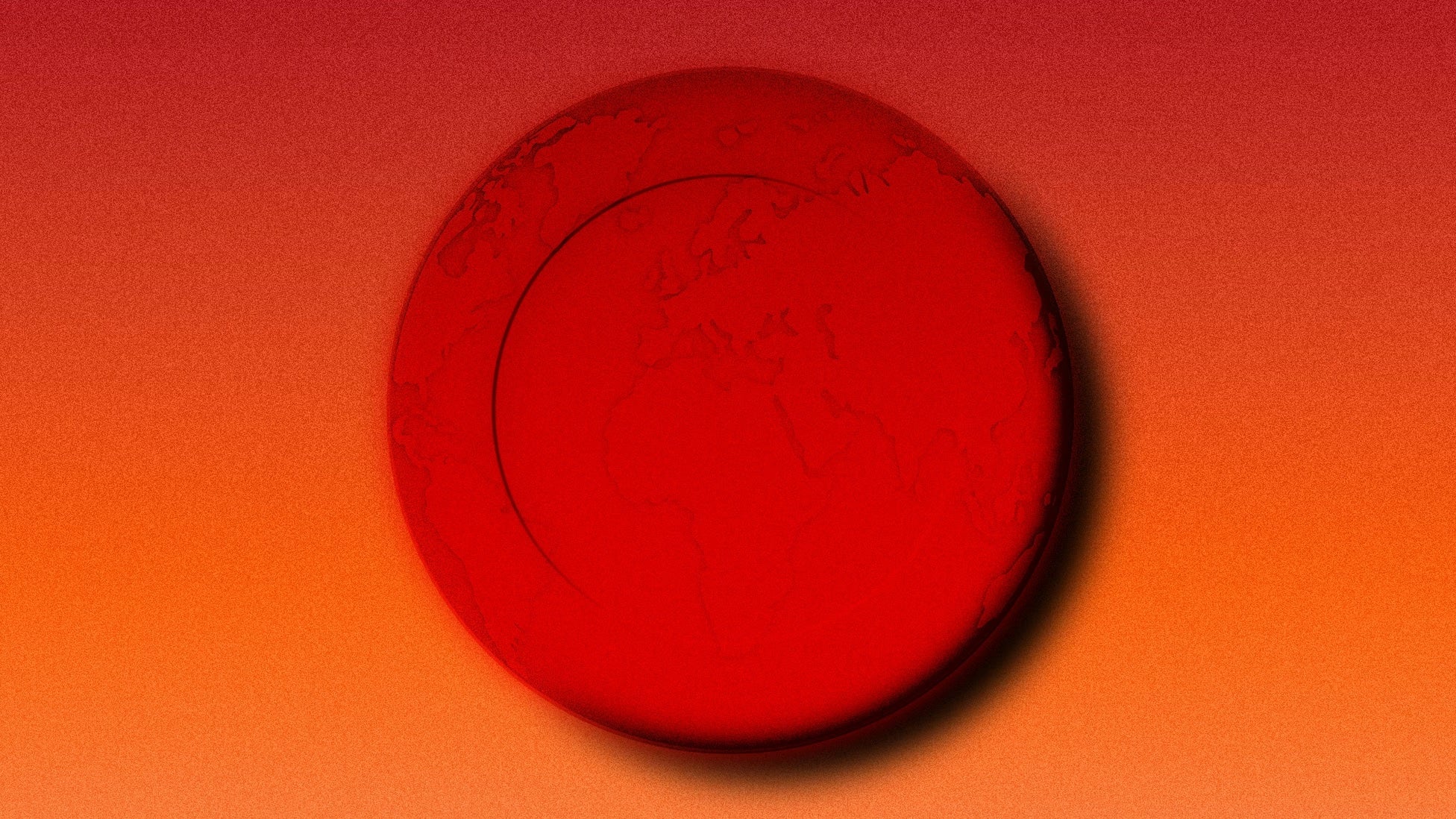 A picture of a red coin with the outline of the world map on it. The background is a red-orange gradient.