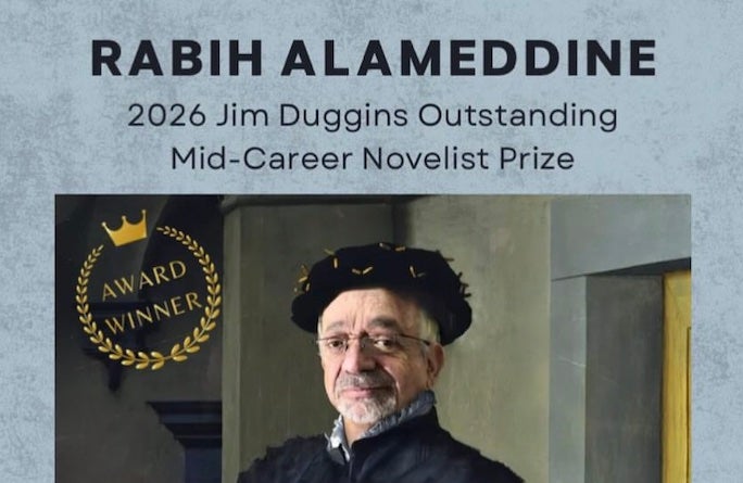 Rabih Alameddine 2026 Jim Duggins Outstanding Mid-Career Novelist Prize. Author portrait of Rabih Alameddine. "Award Winner."